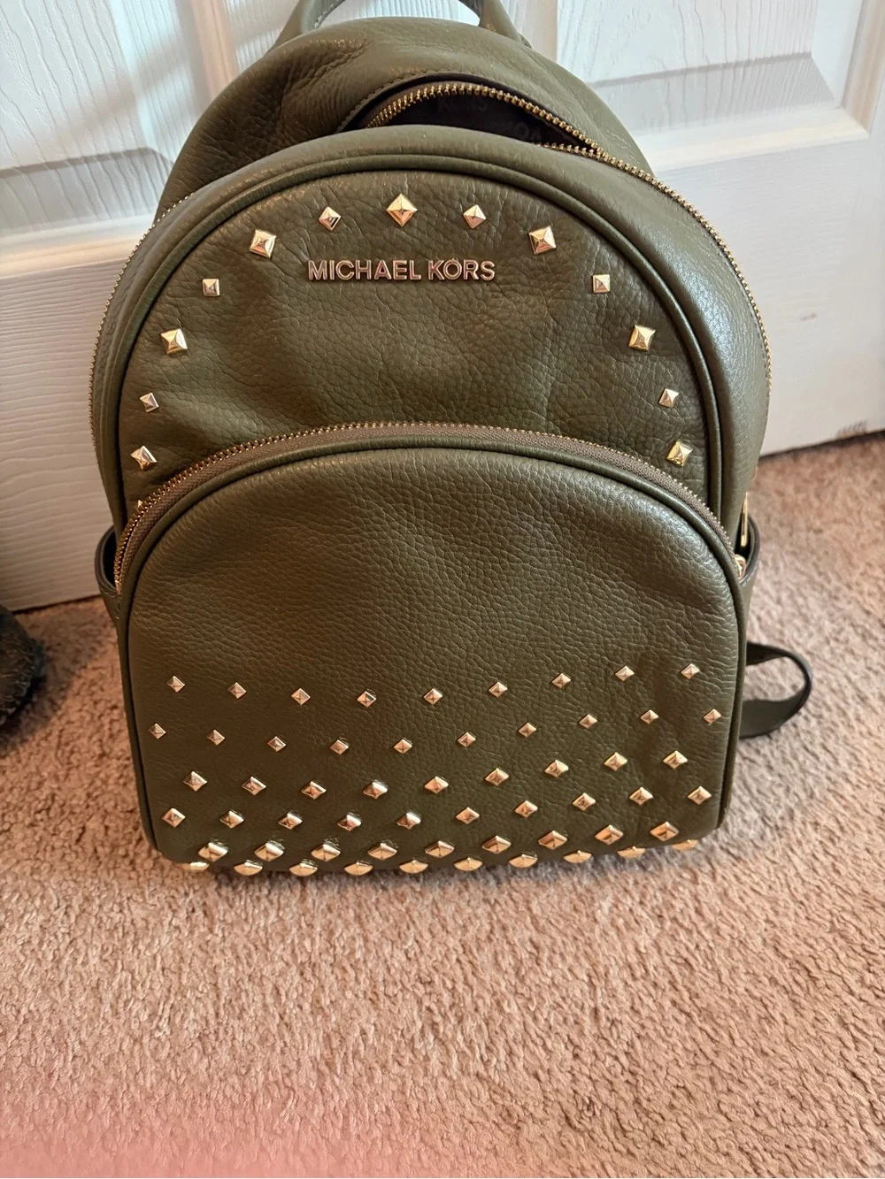 MICHAEL KORS Olive Green Studded Leather Mini Backpack